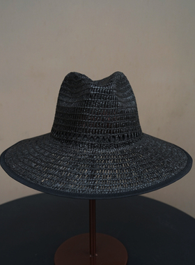 法式镂空编织黑色姜黄色巴拿马宽檐爵士礼帽男女夏天度假沙滩草帽