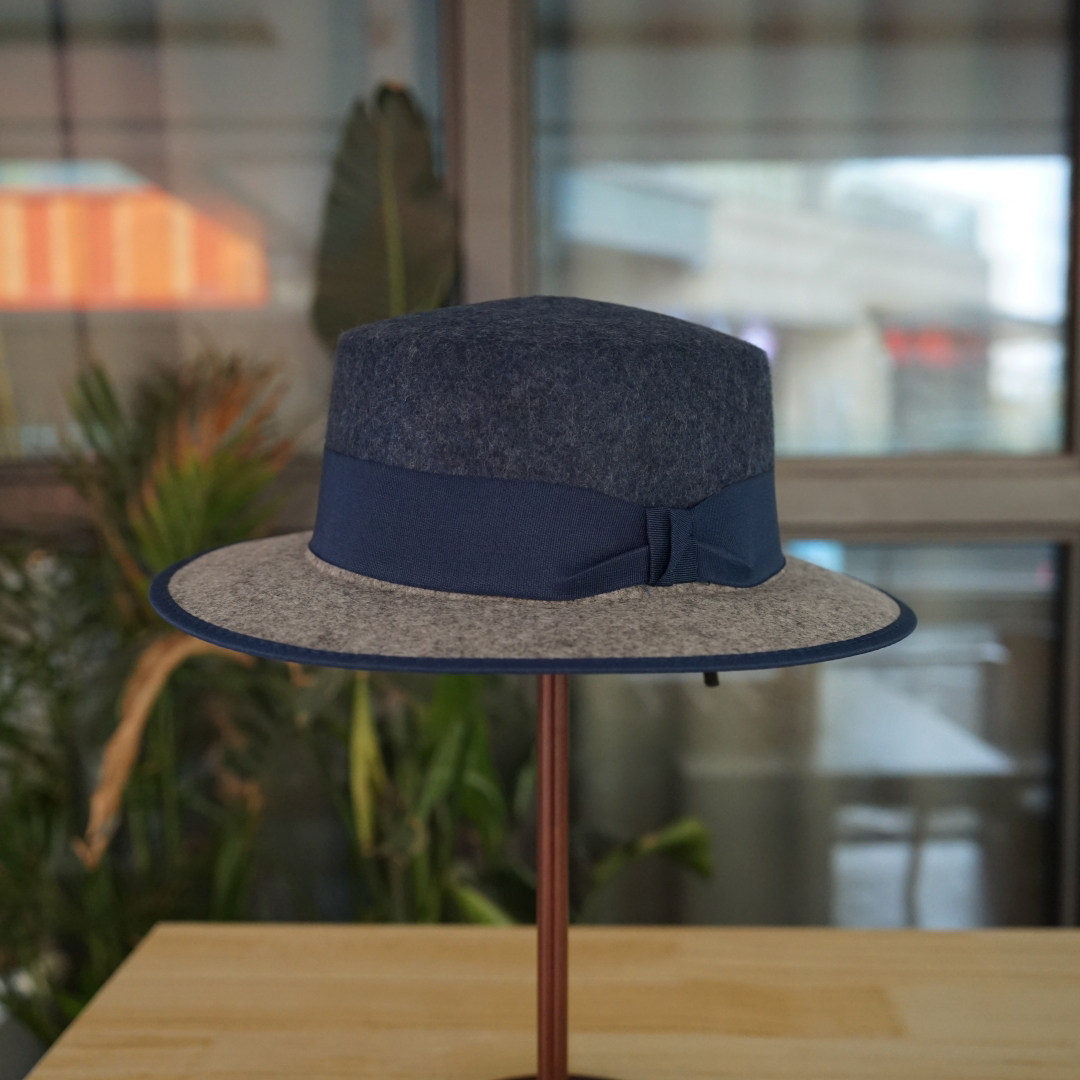 日系复古优雅简约灰色拼蓝色羊毛呢平顶礼帽女秋冬毛毡英伦短檐帽