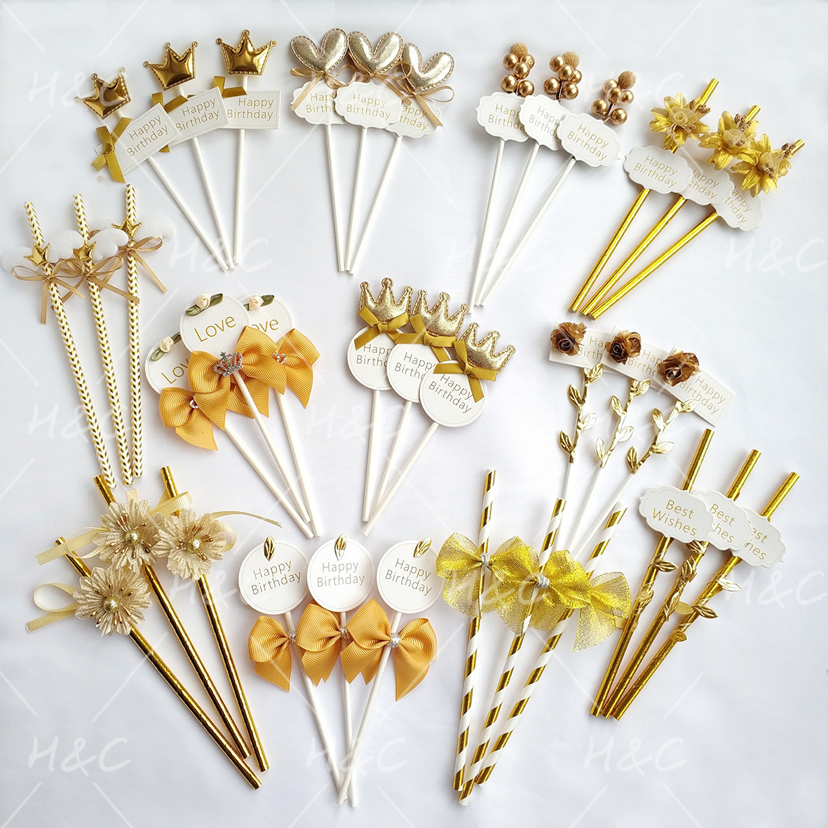 金色香槟色甜品台插牌生日装饰