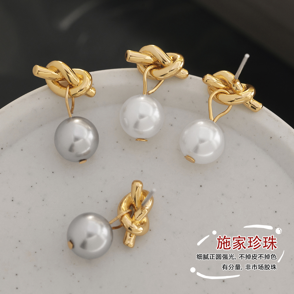 施家仿珍珠琉璃贝珠耳钉绳结耳坠