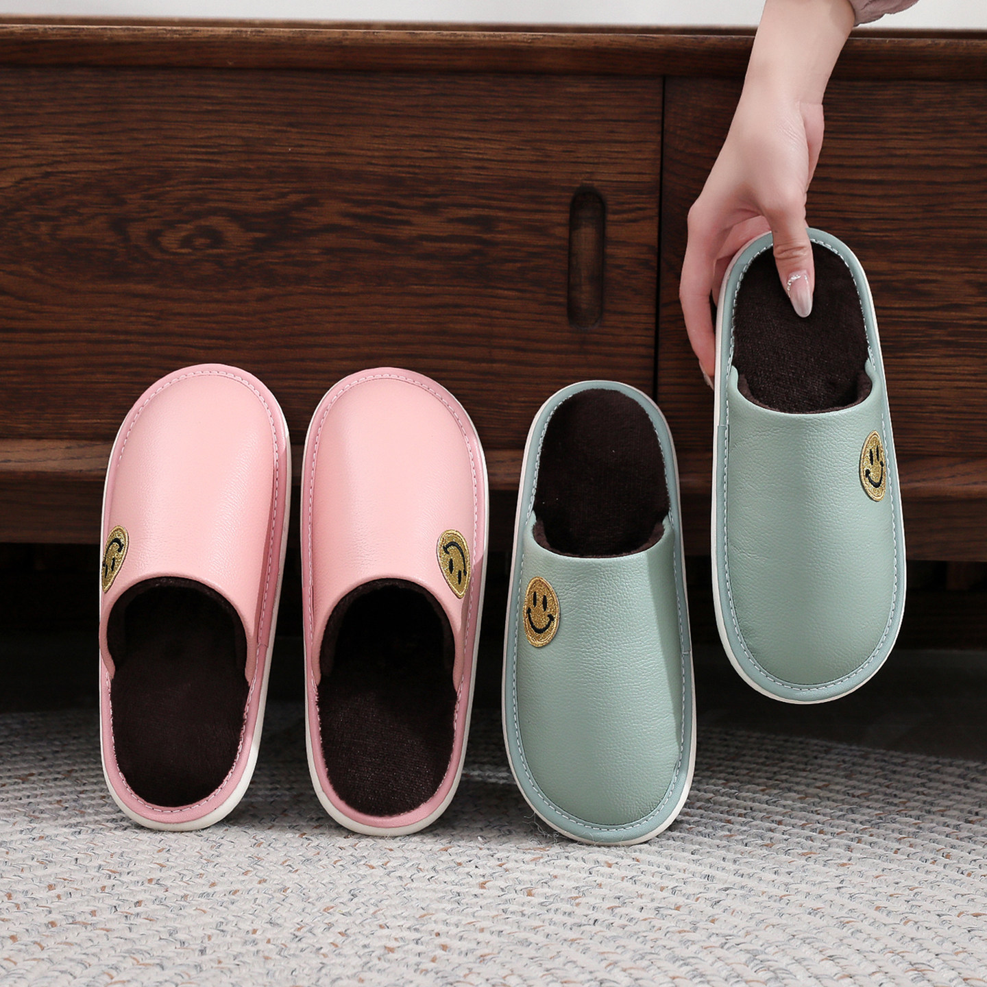 真皮网红笑脸保暖棉拖鞋冬季男女情侣家居家用卧室内防滑软底静音