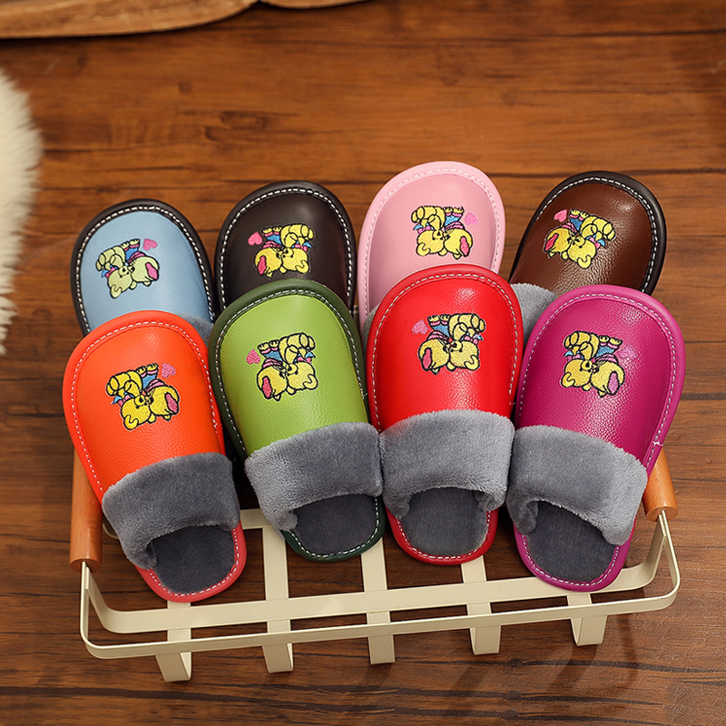 防水防滑卡通风地板真皮面棉拖鞋
