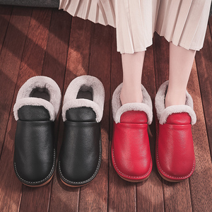 厚底真皮保暖家居棉鞋冬季男防滑防水加绒月子包跟居家拖鞋女软底