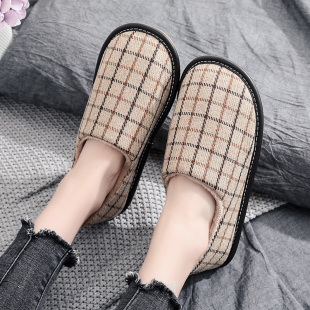 冬季包脚棉拖鞋女卧室棉鞋北欧千鸟格带后跟软底保暖包跟家居鞋男