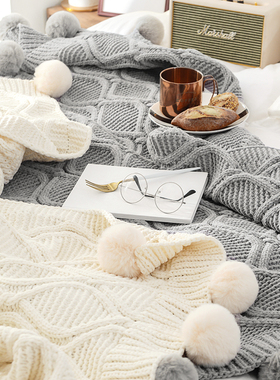 网红波纹冰岛毛球球雪尼尔针织毯北欧白色沙发毯休闲毛毯午休毯