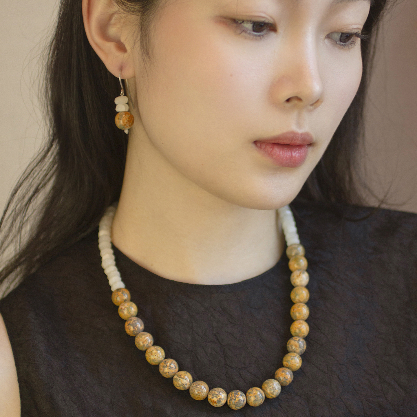 原创天然豹皮石手工项链耳环套装