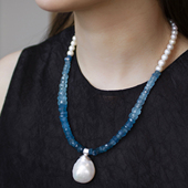 朗睦原创天然超大巴洛克珍珠海蓝宝新品 手工项链小众设计女毛衣链