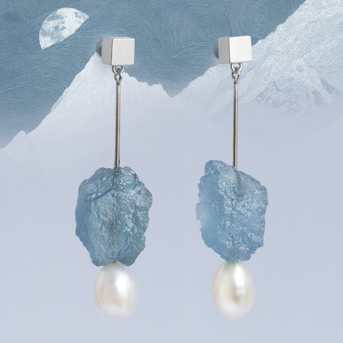 朗睦原创天然海蓝宝原石珍珠耳环