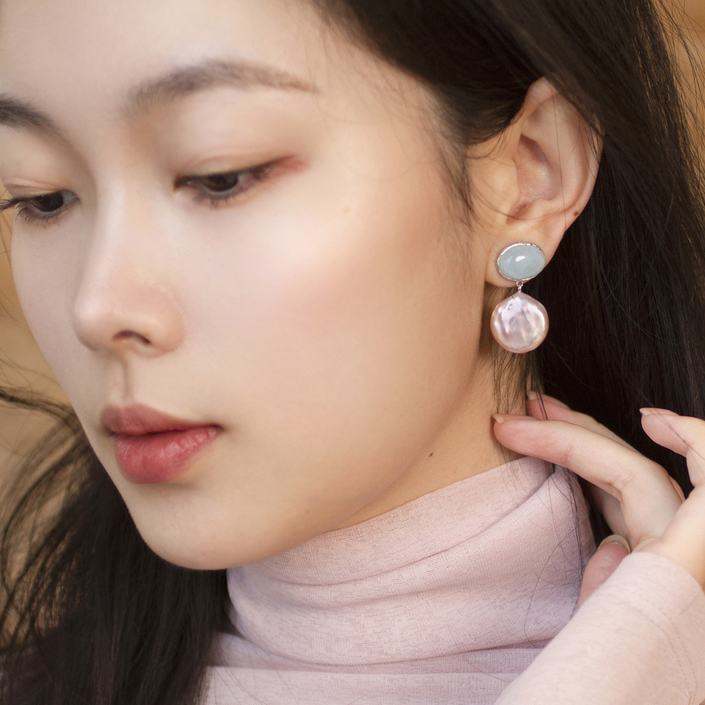 朗睦原创天然摩根石淡粉巴洛克纽扣珍珠925银耳环耳饰小众设计感