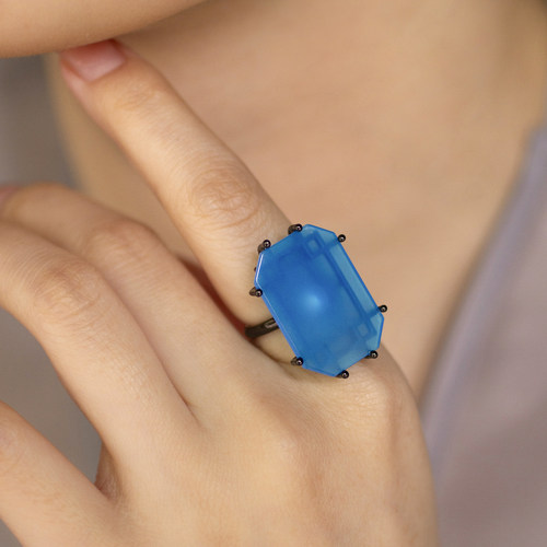 天然玛瑙蓝色花窗戒指耳环套装女