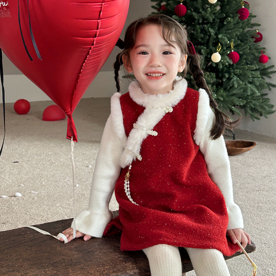 女宝宝红色中国风盘扣加厚拜年裙