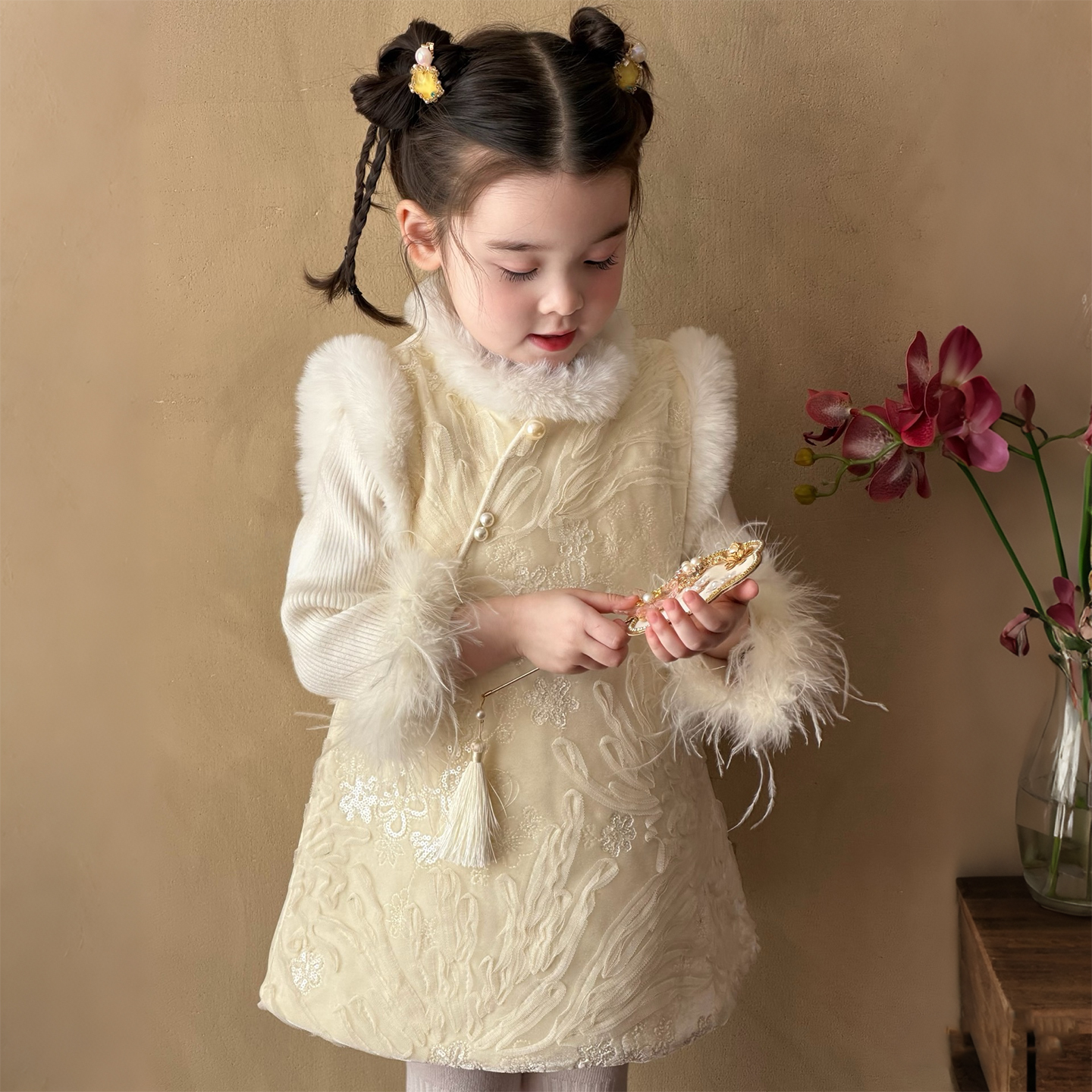 女童刺绣中国风盘扣旗袍背心裙