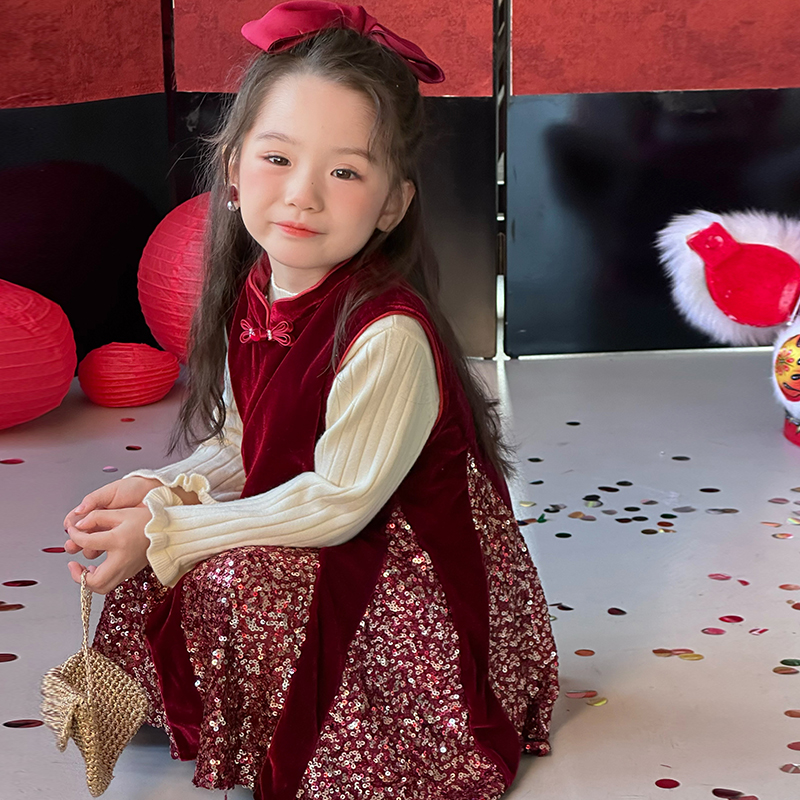 女宝宝珠片拼接丝绒背心裙