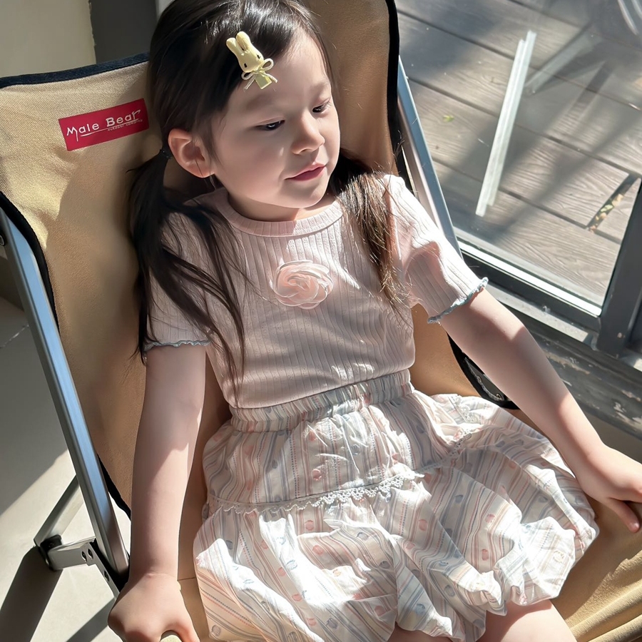 女童洋气套装2025新款夏装女宝宝短袖T恤上衣花苞裙裤两件套