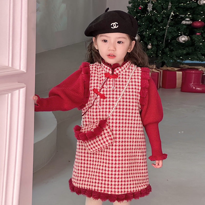 女宝宝新年加绒背心旗袍裙