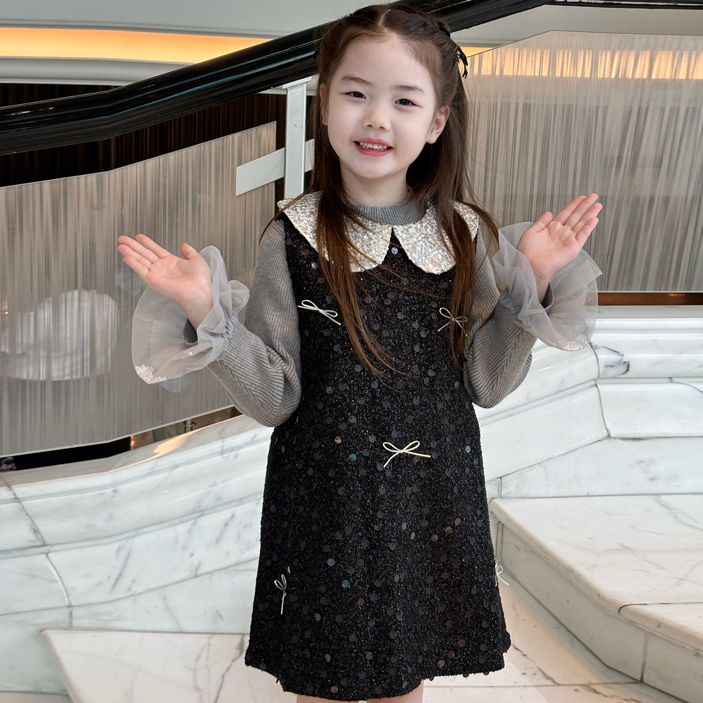 女童秋冬香风公主裙亮片背心裙