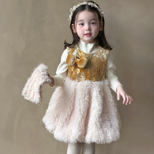 女宝宝国风周岁礼服裙 冬装 奶油baby新年女童新中式 连衣裙2025新款