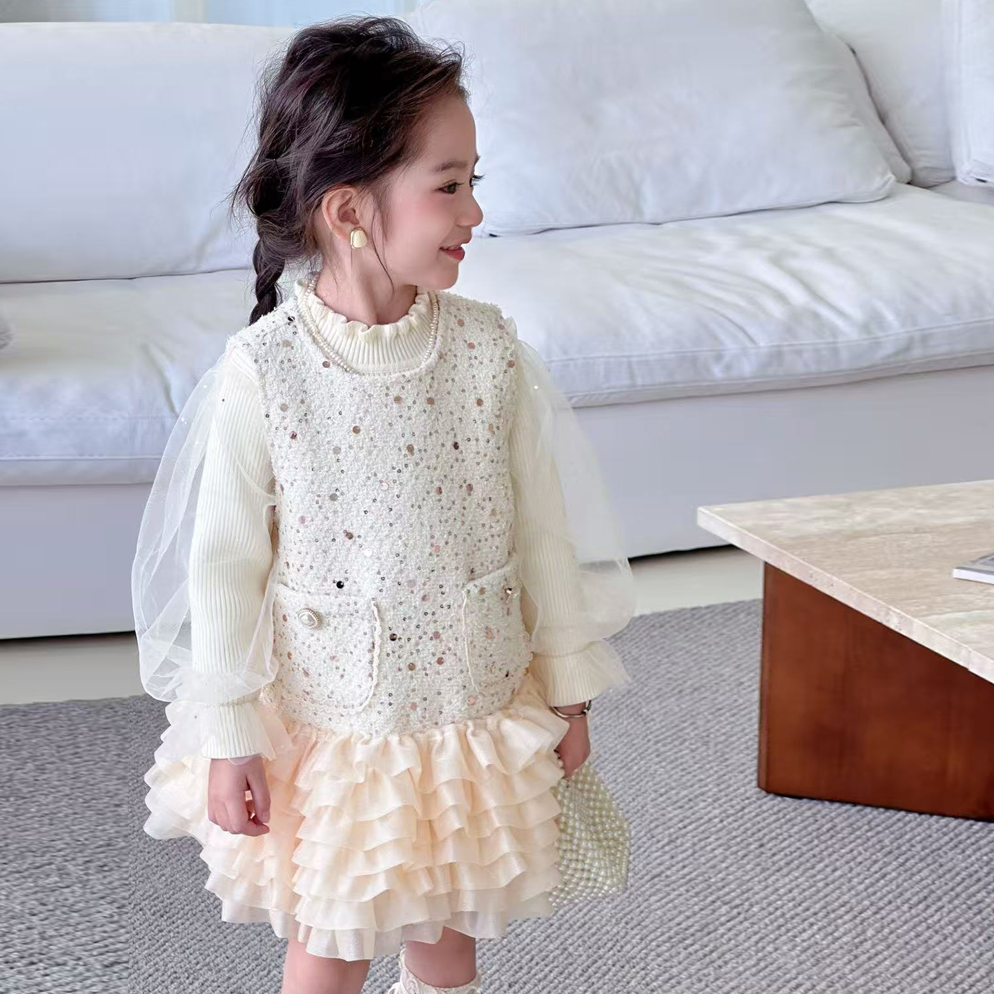 女童秋冬加绒亮片气质背心公主裙