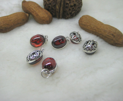 DIY手工材料 S925泰银石榴石红刚玉吊坠椭圆镂空挂坠串珠配件