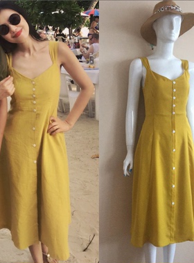 高圆圆明星同款姜黄色吊带连衣裙女夏复古系带露背海边度假沙滩裙