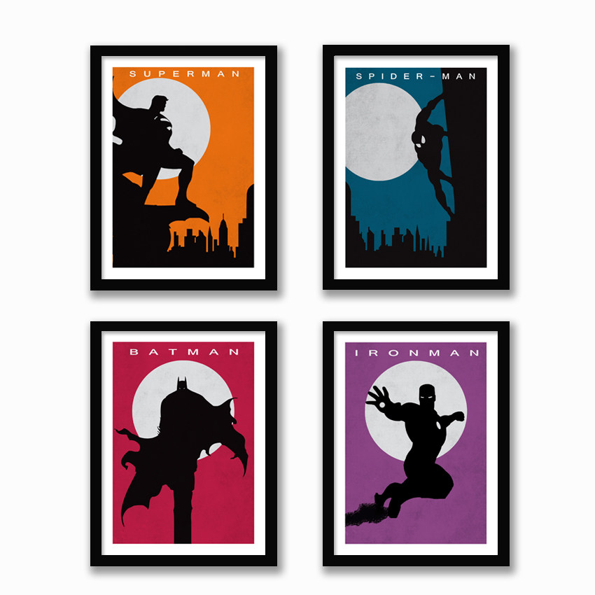 漫威英雄画钢铁侠侠蝙蝠侠超人实木有框画现代简约画客厅画装饰画