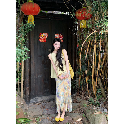 优雅气质不规则衬衫褶皱流苏碎花半身裙女2025春夏新款两件套chic