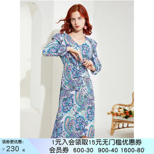 沐兰复古佩利斯印花长袖中长裙大摆裙秋装舒适连衣裙