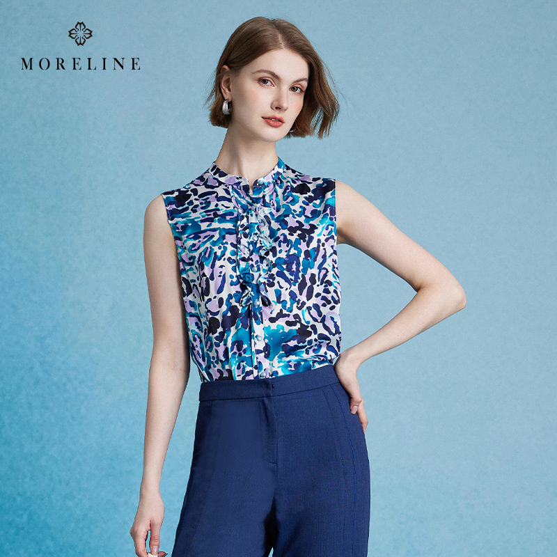 沐兰商场同款设计感飘带印花衬衫女2025年夏新款妈妈无袖背心衬衣