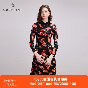 沐兰新中式印花连衣裙冬新款新款国风显瘦改良旗袍裙中长款