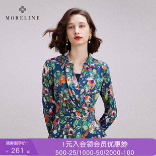 沐兰气质高级感翻领长袖衬衣女春新款多彩印花女士衬衫