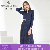 沐兰针织印花连衣裙春秋新款 裙子 显瘦v领法式 女长袖 收腰中长款