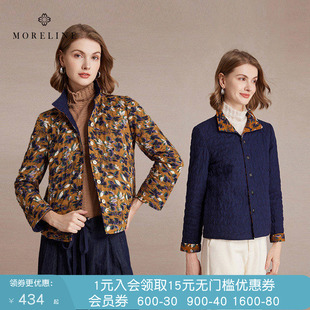 直筒百搭保暖棉服 沐兰设计感印花复古小翻领棉衣女冬季