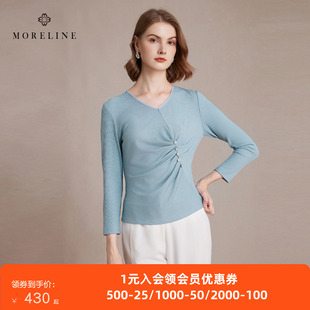沐兰法式优雅鸡心领T恤女2026年春季新款设计感收褶修身显瘦上衣