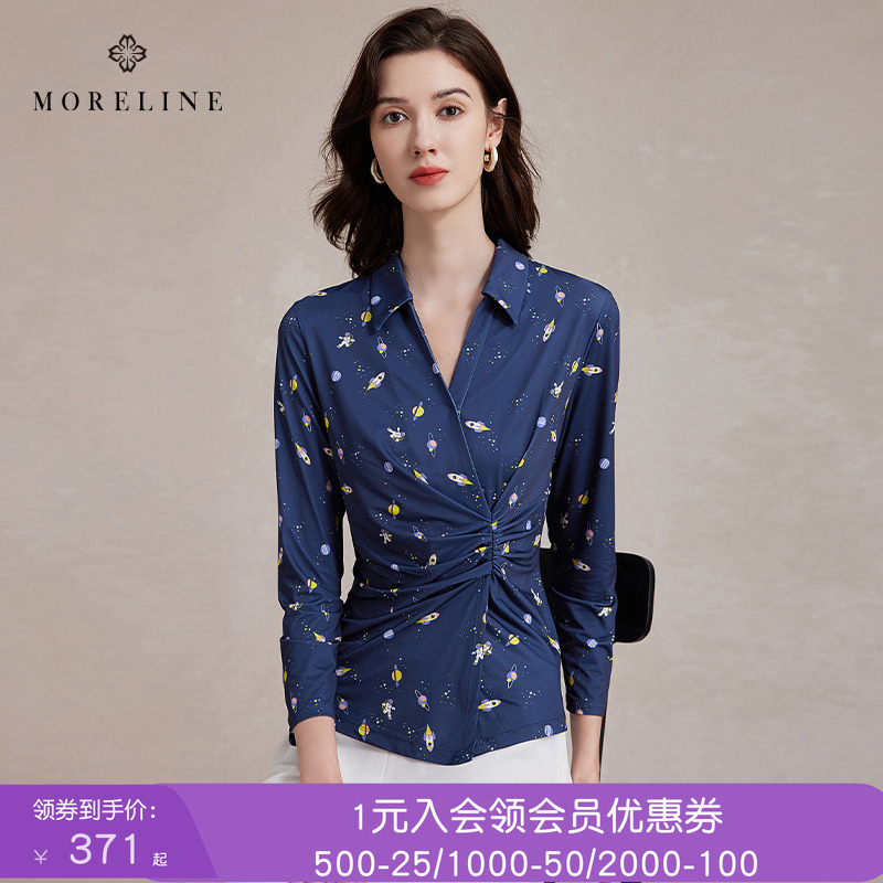 沐兰优雅设计感印花长袖衬衫女2025年春秋新款减龄V领修身衬衣