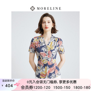 优雅高级感印花衬衫 新款 沐兰法式 女夏装 衬衣 减龄V领修身 短袖