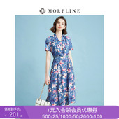 腰带高腰裙子中长款 沐兰高级感小众印花压褶连衣裙夏装 新款