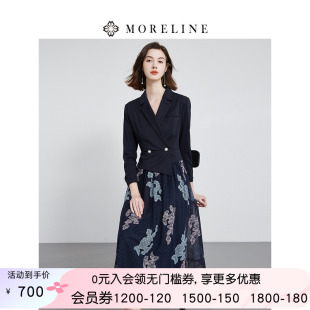 假两件商务裙 沐兰法式 优雅翻领连衣裙春季 新款 蕾丝绣花中长款
