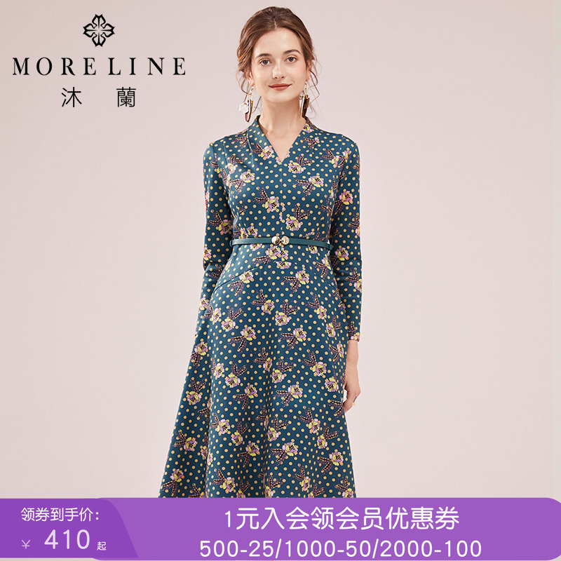 春秋新款法式优雅风印花连衣裙