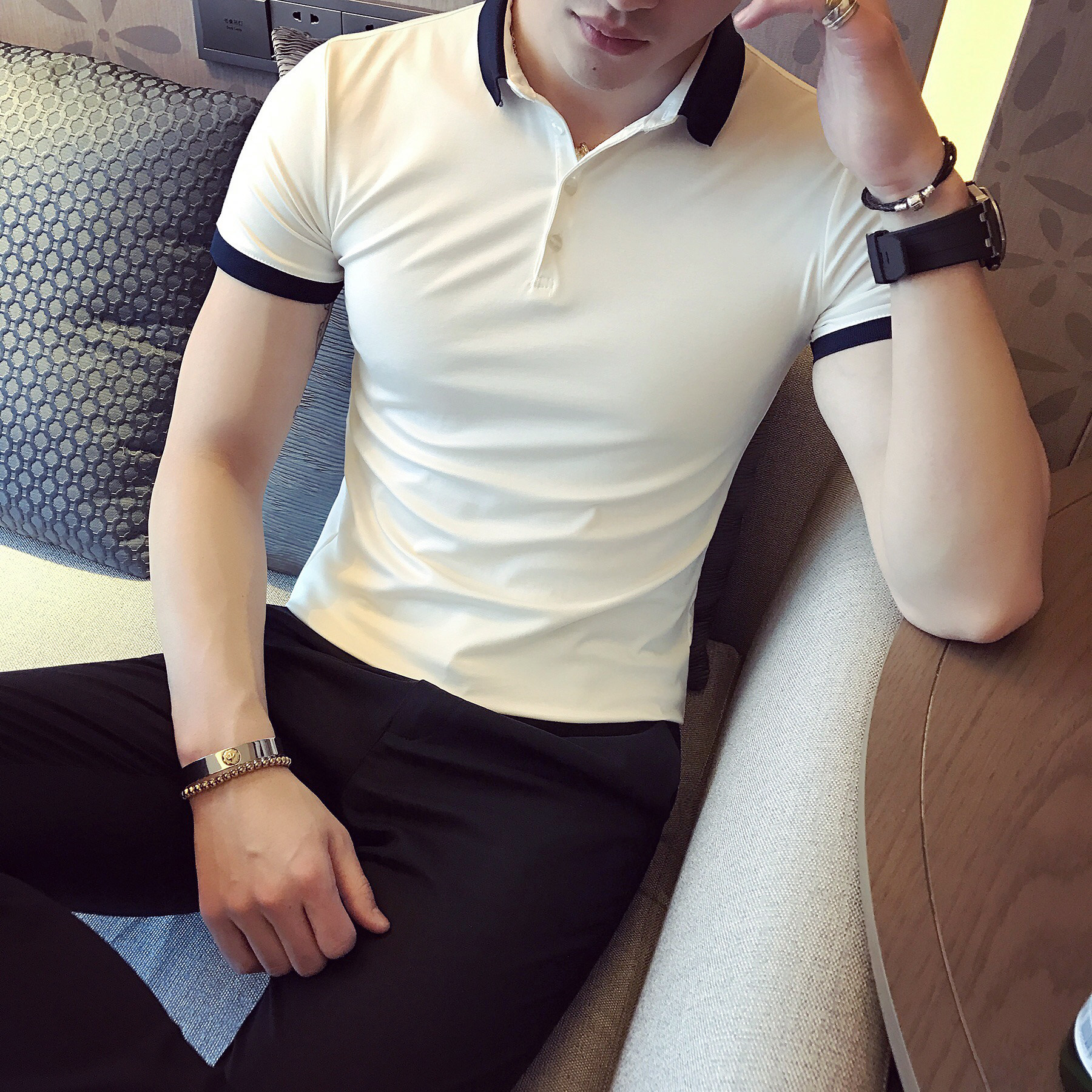 2025夏季新款英伦领子拼接纯色珠地短袖POLO衫修身款A431PL06P45,男装T恤,星座401B（原A431）