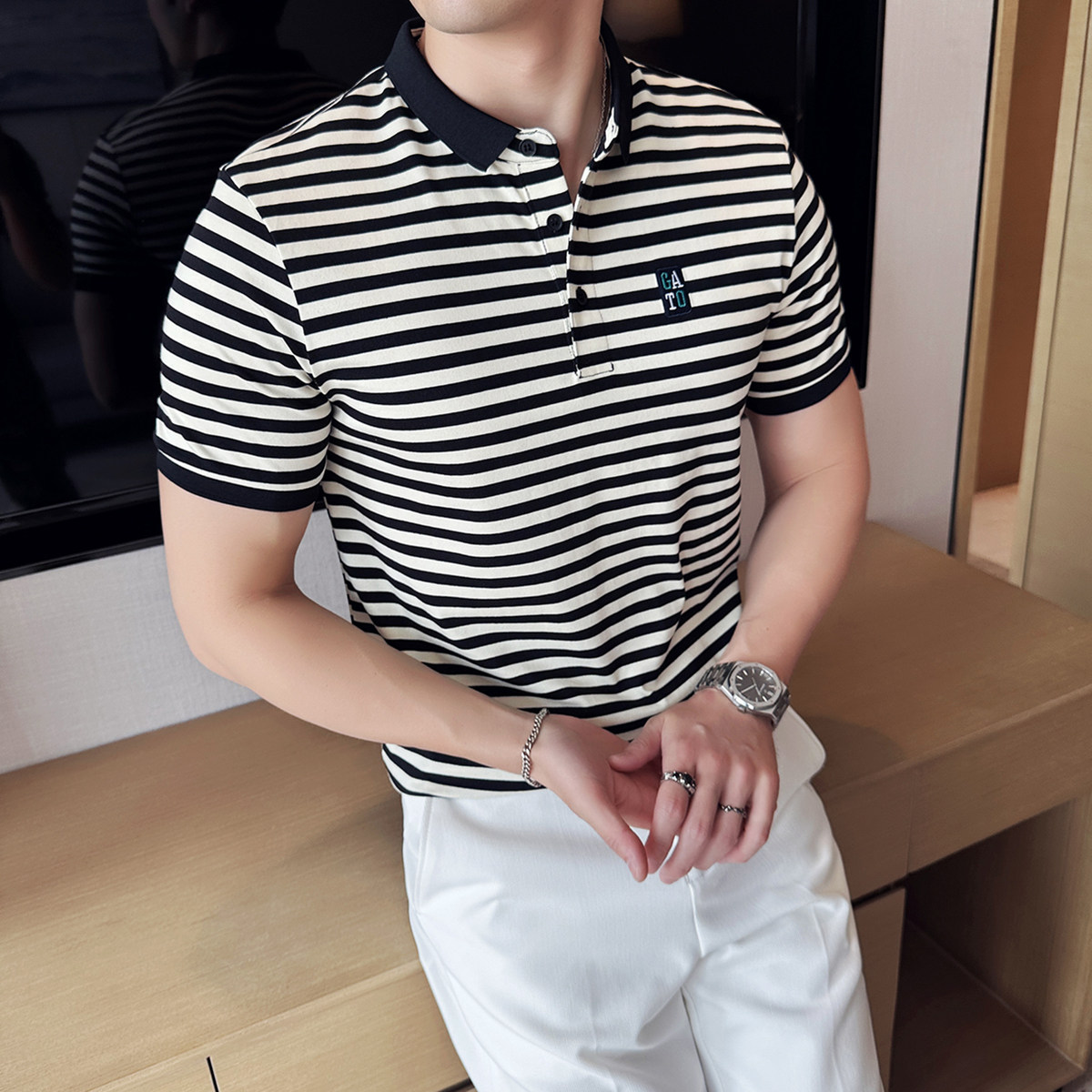 夏季英伦潮流修身条纹短袖POLO衫休闲T恤男上衣翻领A431-PL10-P55,男装T恤,星座401B（原A431）