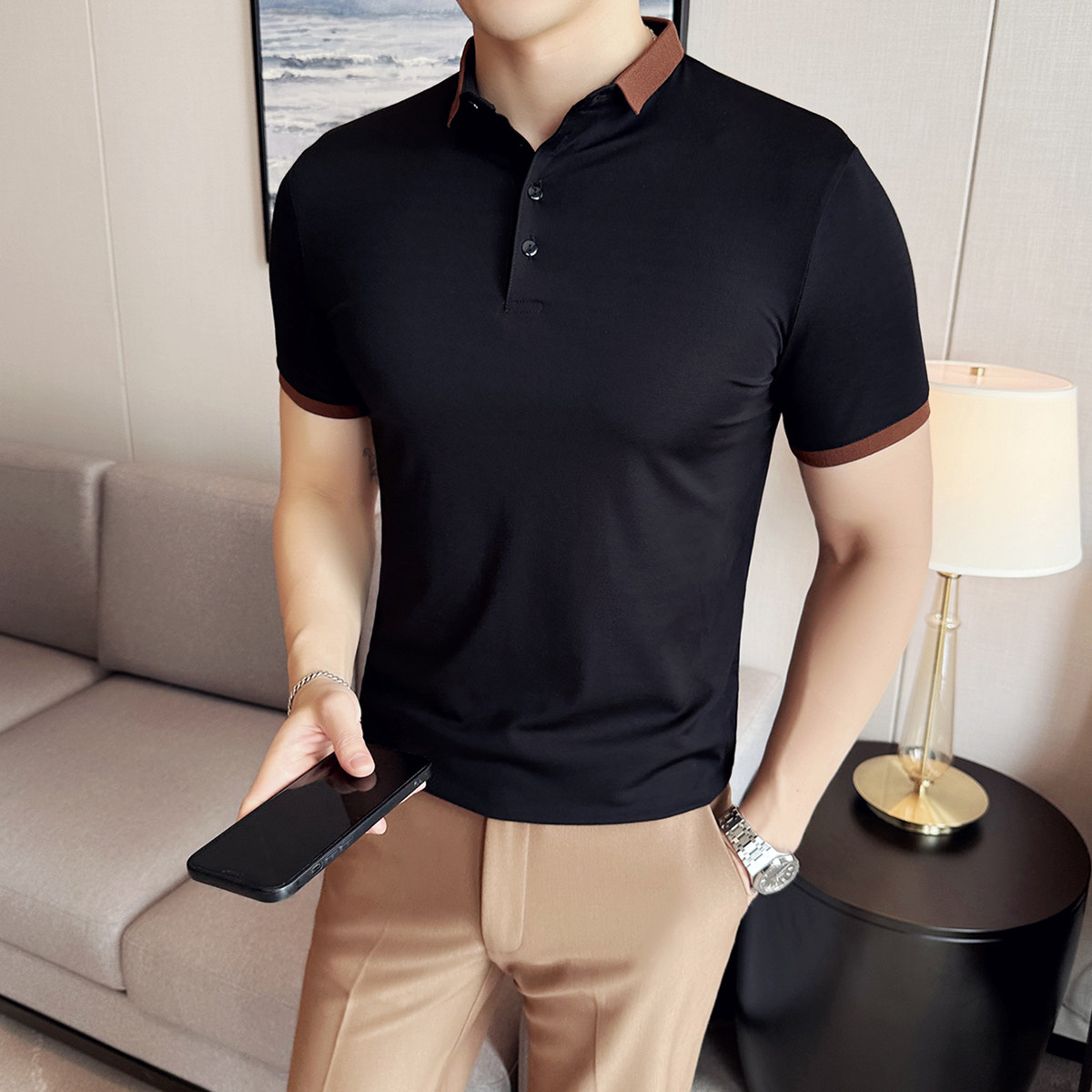 2025夏季英伦拼色修身短袖Polo衫男韩版冰丝T恤弹力A431-PL11-P45,男装T恤,星座401B（原A431）