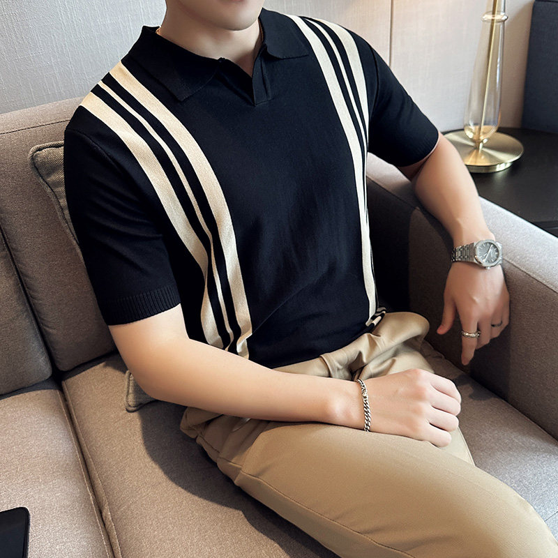 2025夏季新款针织男士短袖polo衫修身条纹冰丝T恤 A431-PL67-P60图片