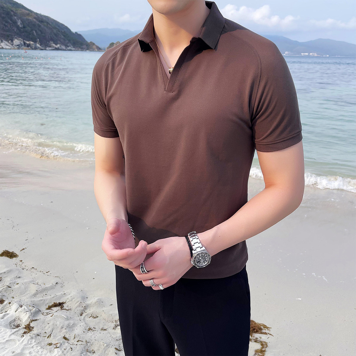 2025夏季新款 英伦大码休闲纯色短袖POLO衫修身T恤A431-M608-P55图片
