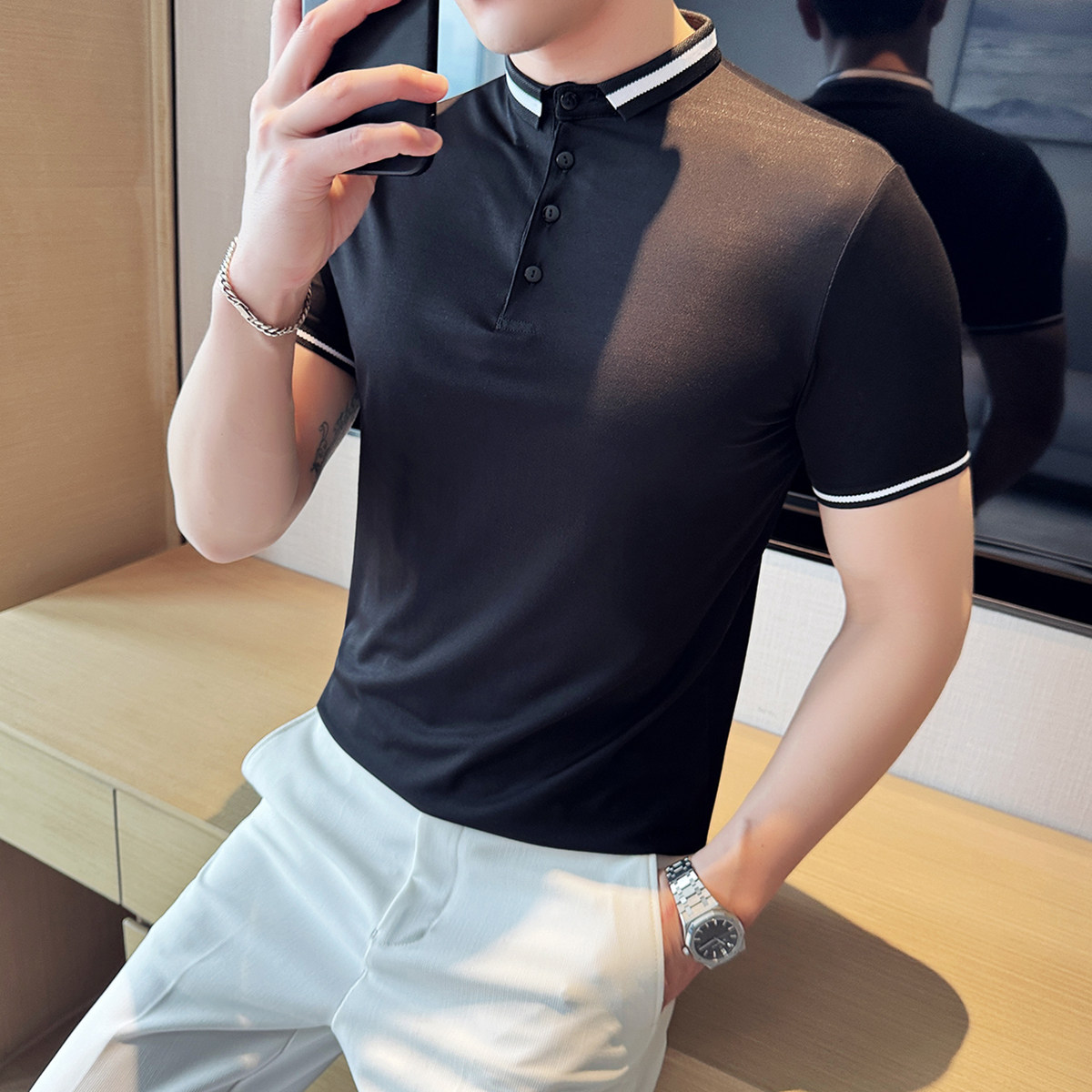 2025夏季英伦修身弹力领条纹冰丝短袖POLO衫纯色T恤A431-PL09-P45,男装T恤,星座401B（原A431）