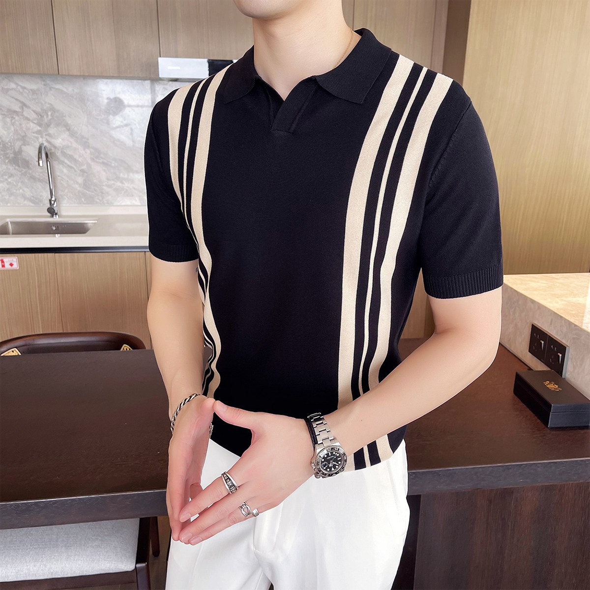 2025夏季新款修身针织男士短袖polo衫条纹冰丝T恤A431-PL67-P60,男装T恤,星座401B（原A431）