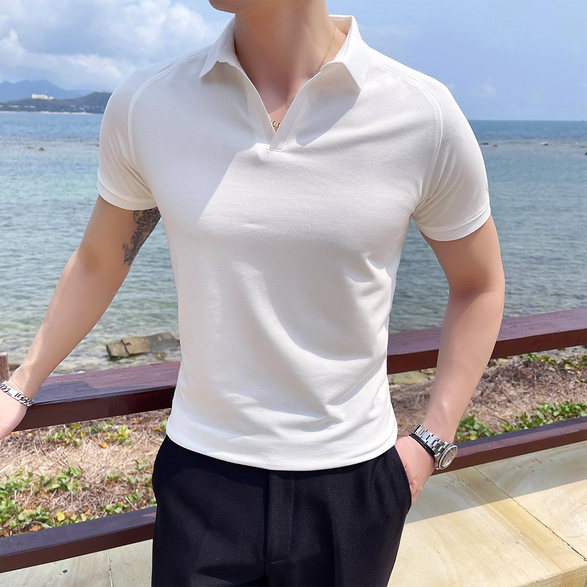 2025夏季新款英伦大码休闲纯色短袖POLO衫修身T恤A431-M608-P55,男装T恤,星座401B（原A431）