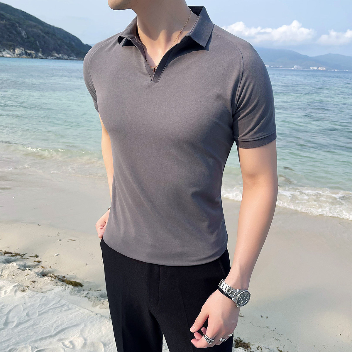 2025夏季新款英伦大码休闲纯色短袖POLO衫修身T恤A431-M608-P55,男装T恤,星座401B（原A431）