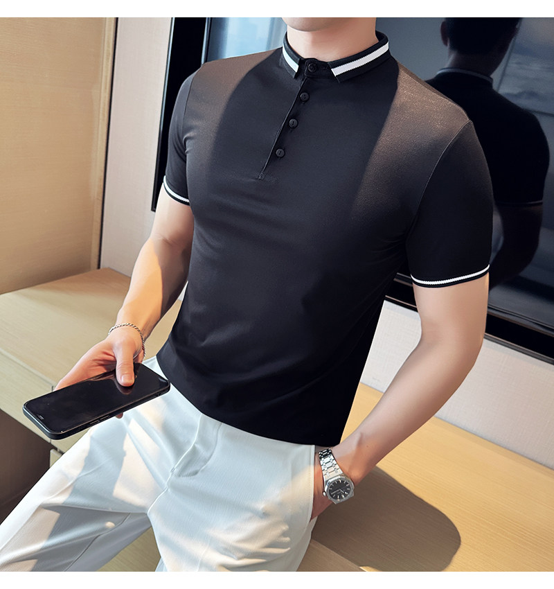 2025夏季英伦修身弹力条纹领短袖POLO衫纯色冰丝T恤A431-PL09-P45,男装T恤,星座401B（原A431）