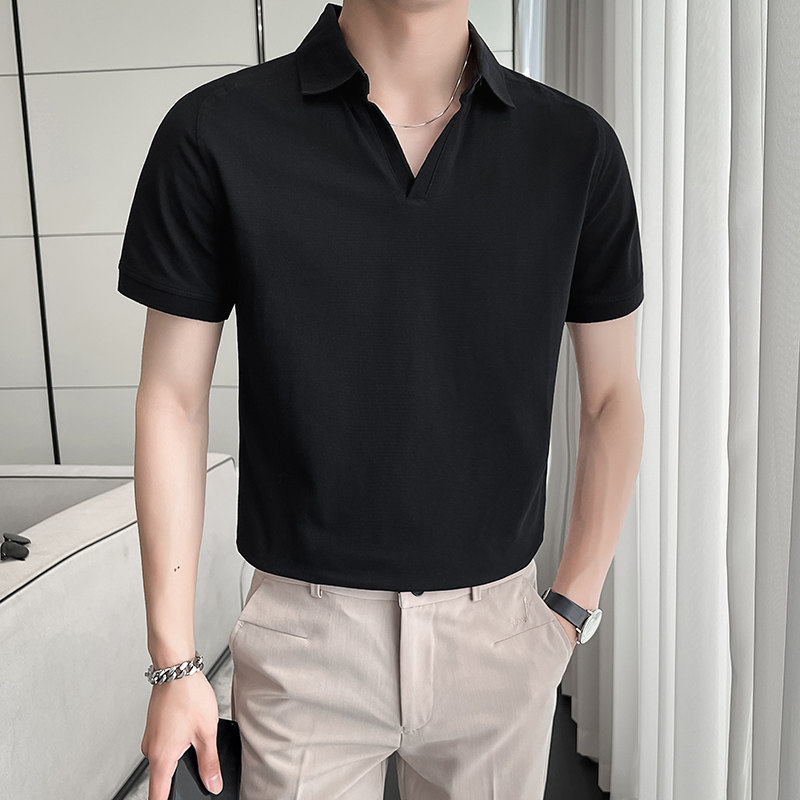 常年款 2025夏季英伦纯色V领珠地短袖POLO衫男士T恤A431-M608-P48图片