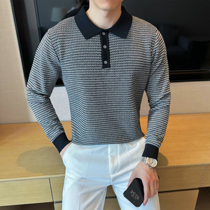 2025秋装新款男士英伦休闲翻领毛衣条纹打底针织衫401B-MY33-P80图片